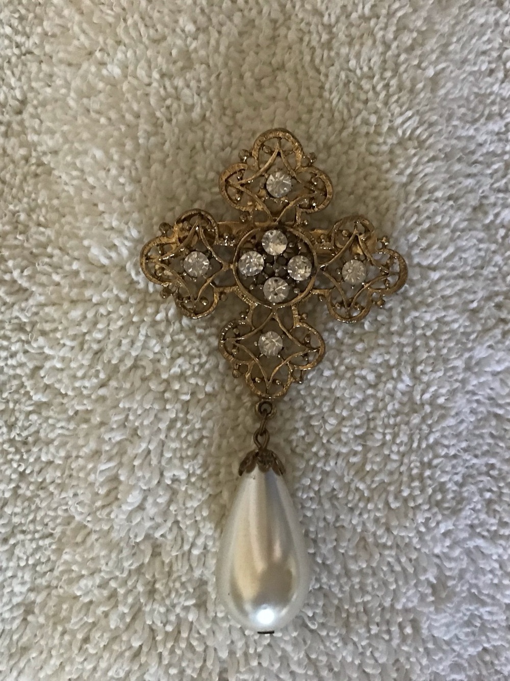 Gold Filigree Cross Pendant with White Pearl Drop